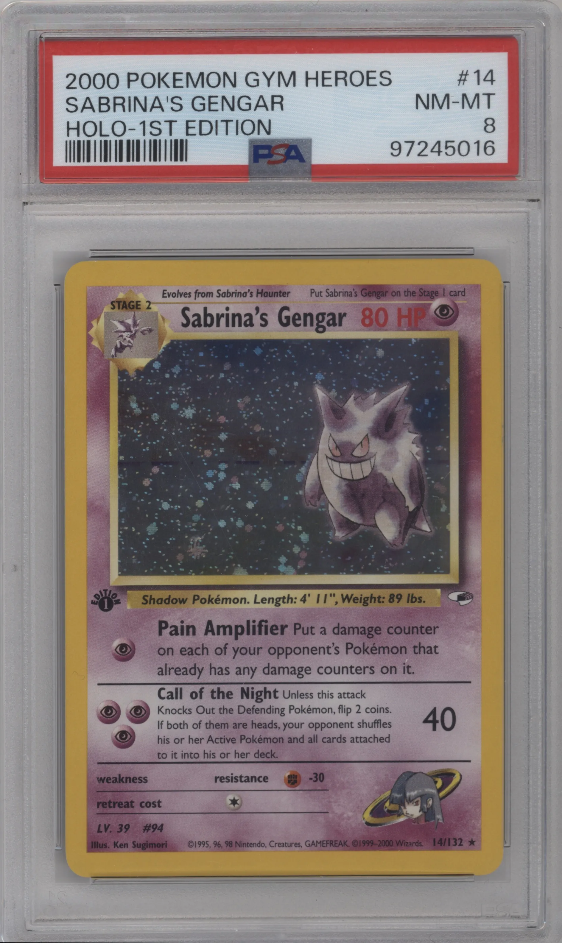 2000 Pokemon GH Gym Heroes Sabrina's Gengar #14 PSA 8