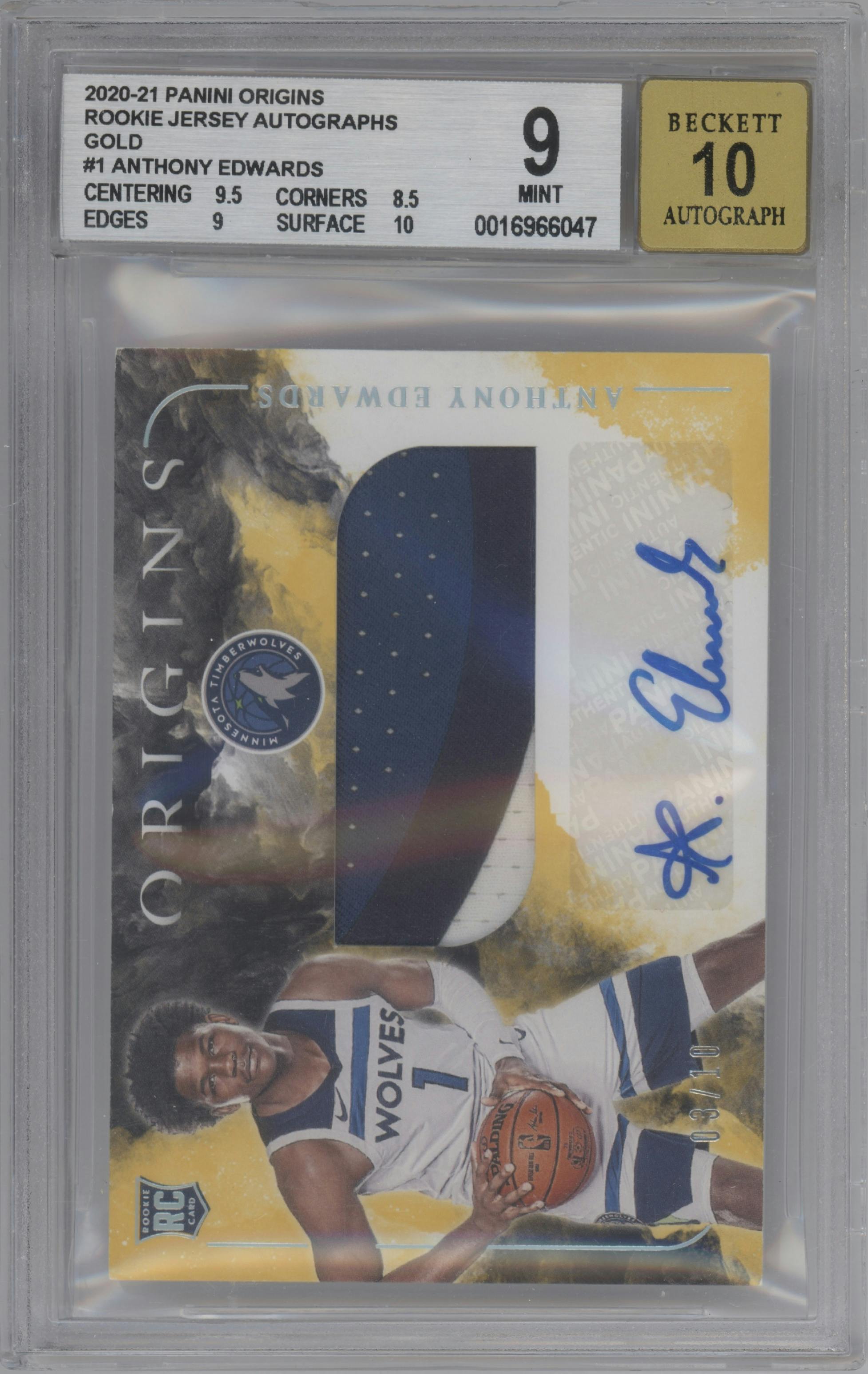 Anthony Edwards from the 2020-21 Panini Origins  set featuring a Gold parallel graded by Beckett and given an overall grade of 9.