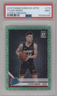 Tyler Herro from the 2019-20 Panini Donruss Optic set featuring a Choice Dragon parallel graded by PSA and given an overall grade of 9.