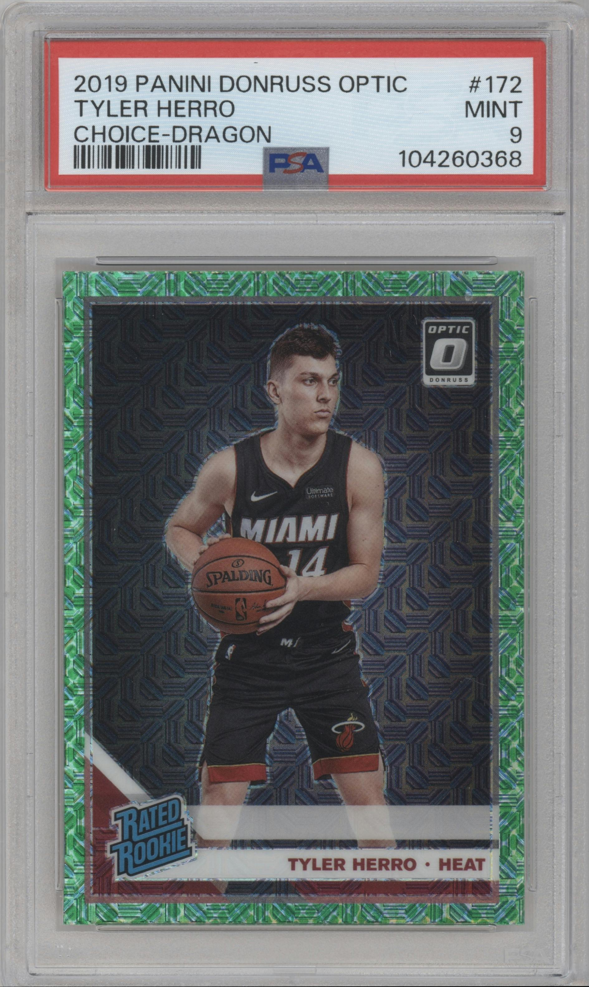 Tyler Herro from the 2019-20 Panini Donruss Optic set featuring a Choice Dragon parallel graded by PSA and given an overall grade of 9.