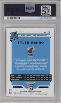 Tyler Herro from the 2019-20 Panini Donruss Optic set featuring a Choice Dragon parallel graded by PSA and given an overall grade of 9.