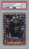 Brock Bowers from the 2024 Topps Chrome set featuring a Lazer Refractor parallel graded by PSA and given an overall grade of 10.