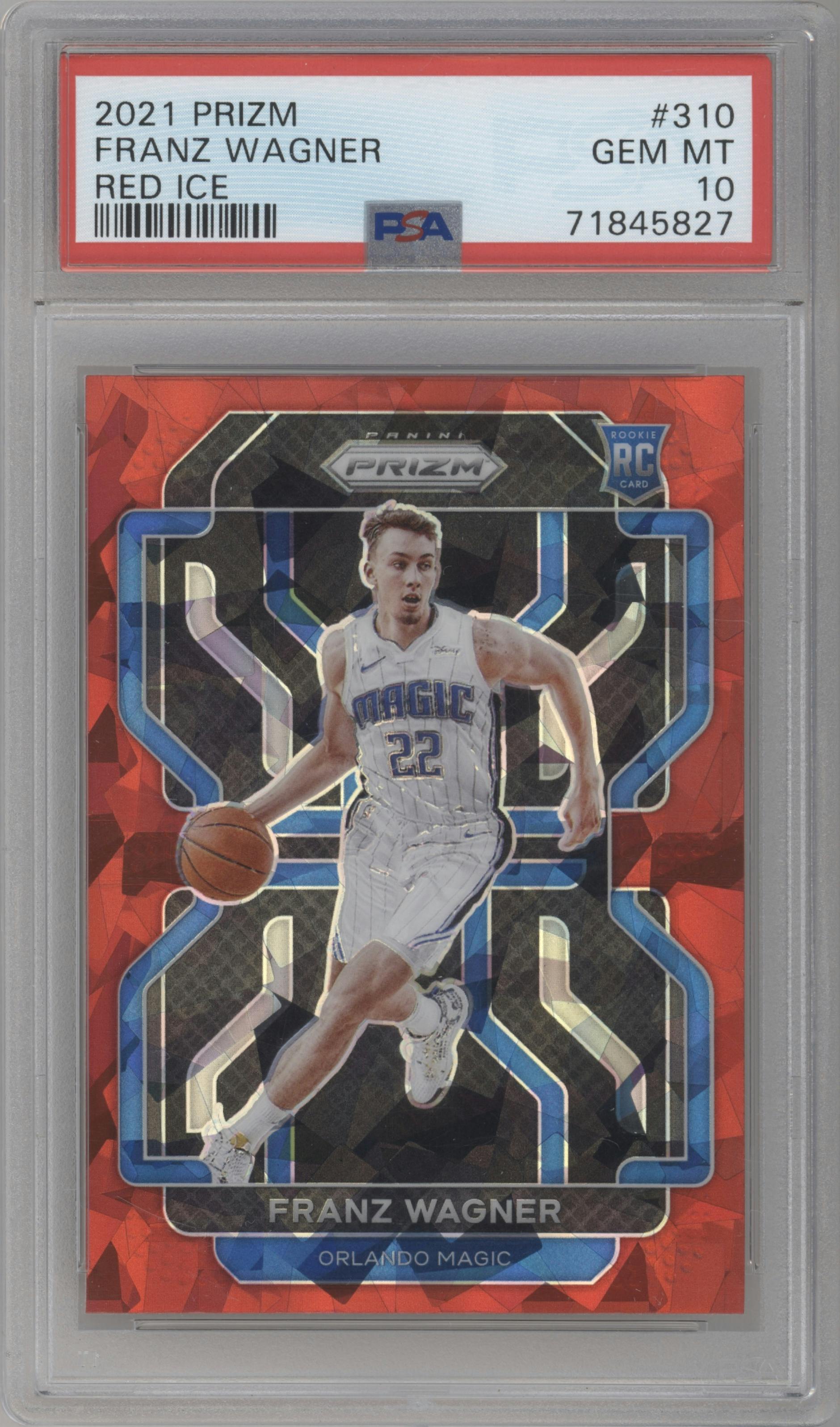 Franz Wagner from the 2021-22 Panini Prizm  set featuring a Red Ice parallel graded by PSA and given an overall grade of 10.