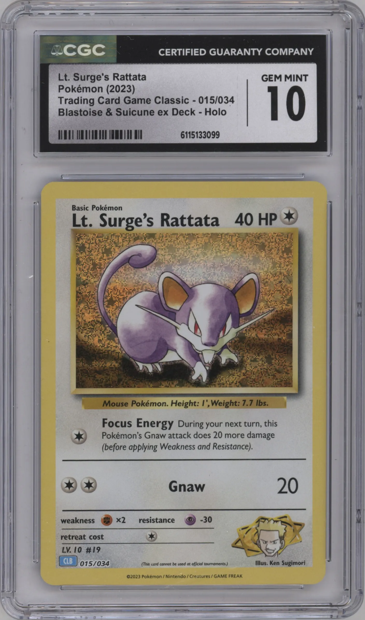 2023 Pokemon CLB Lt. Surge's Rattata CGC 10