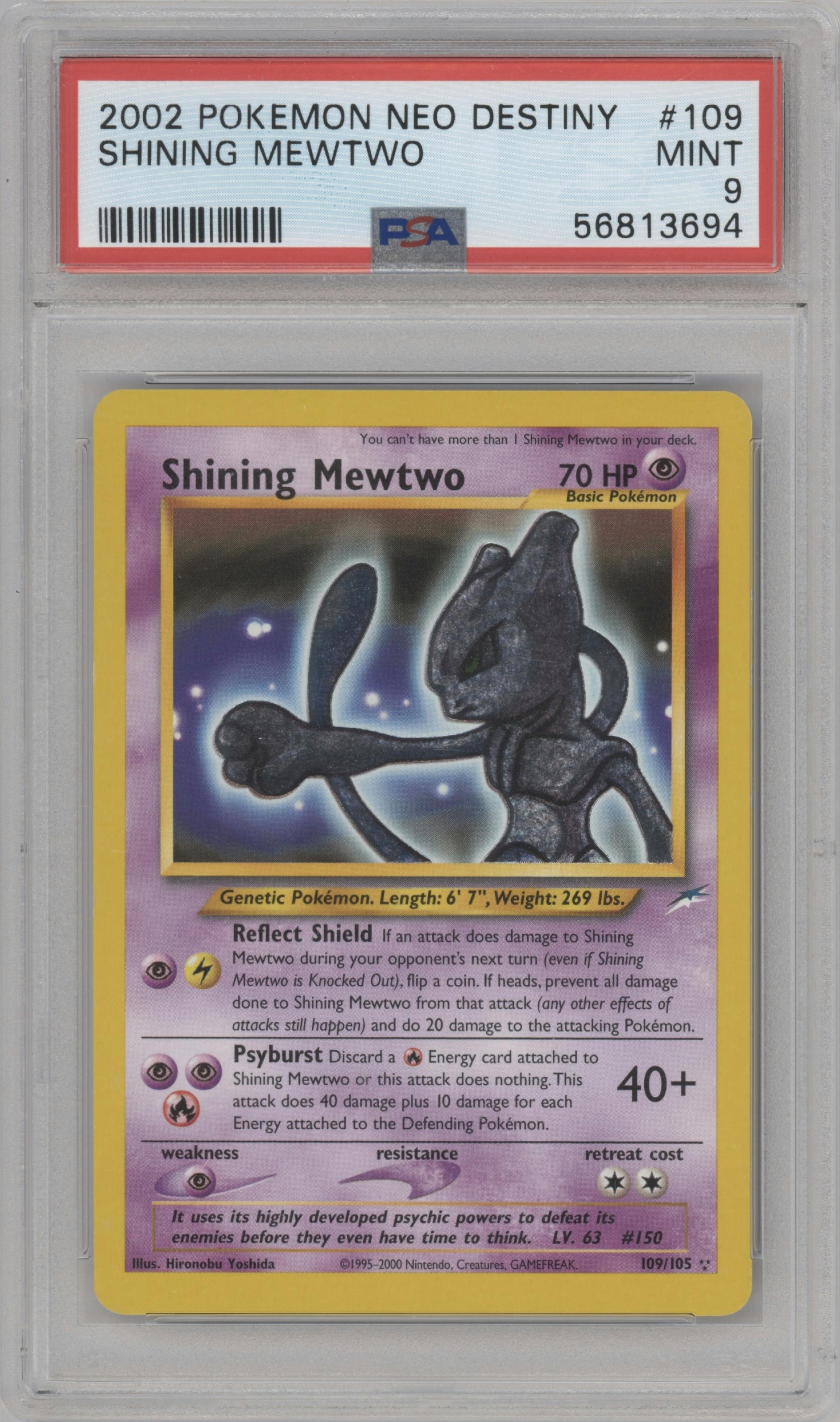 Shining Mewtwo from the 2002 Pokemon Neo Genesis set graded by PSA and given an overall grade of 9.