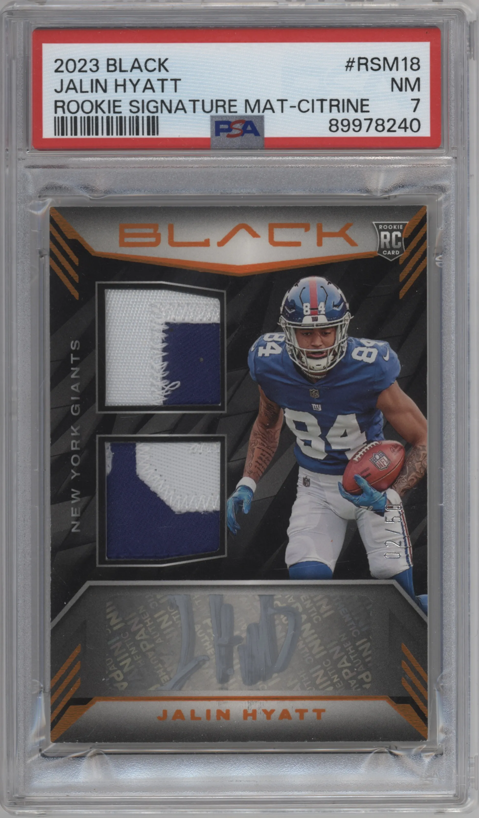2023 Panini Black Rke.Sig.Mat. Jalin Hyatt Citrine PSA 7