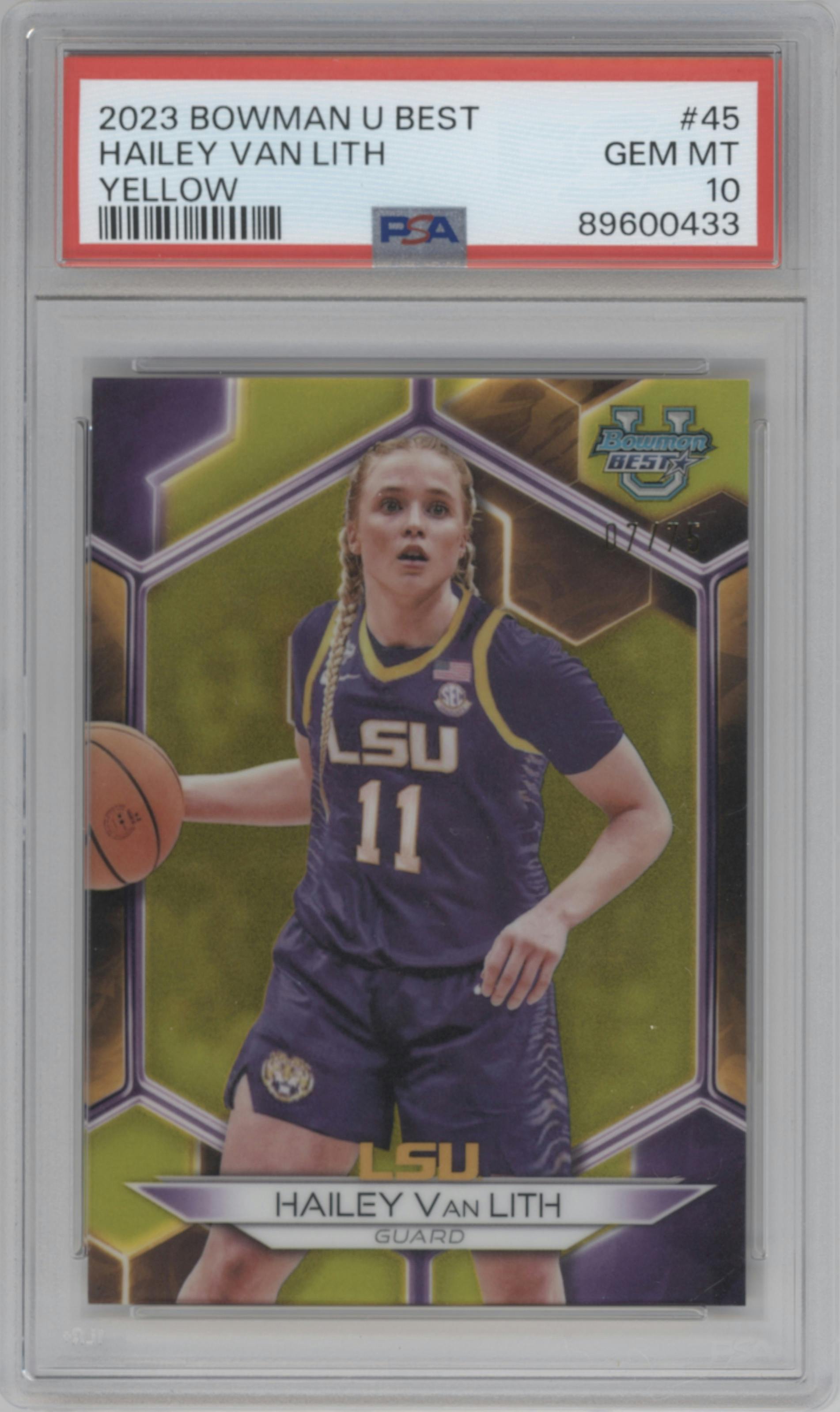 Hailey Van Lith from the 2023-24 Bowman Best University set featuring a Yellow Refractor parallel graded by PSA and given an overall grade of 10.