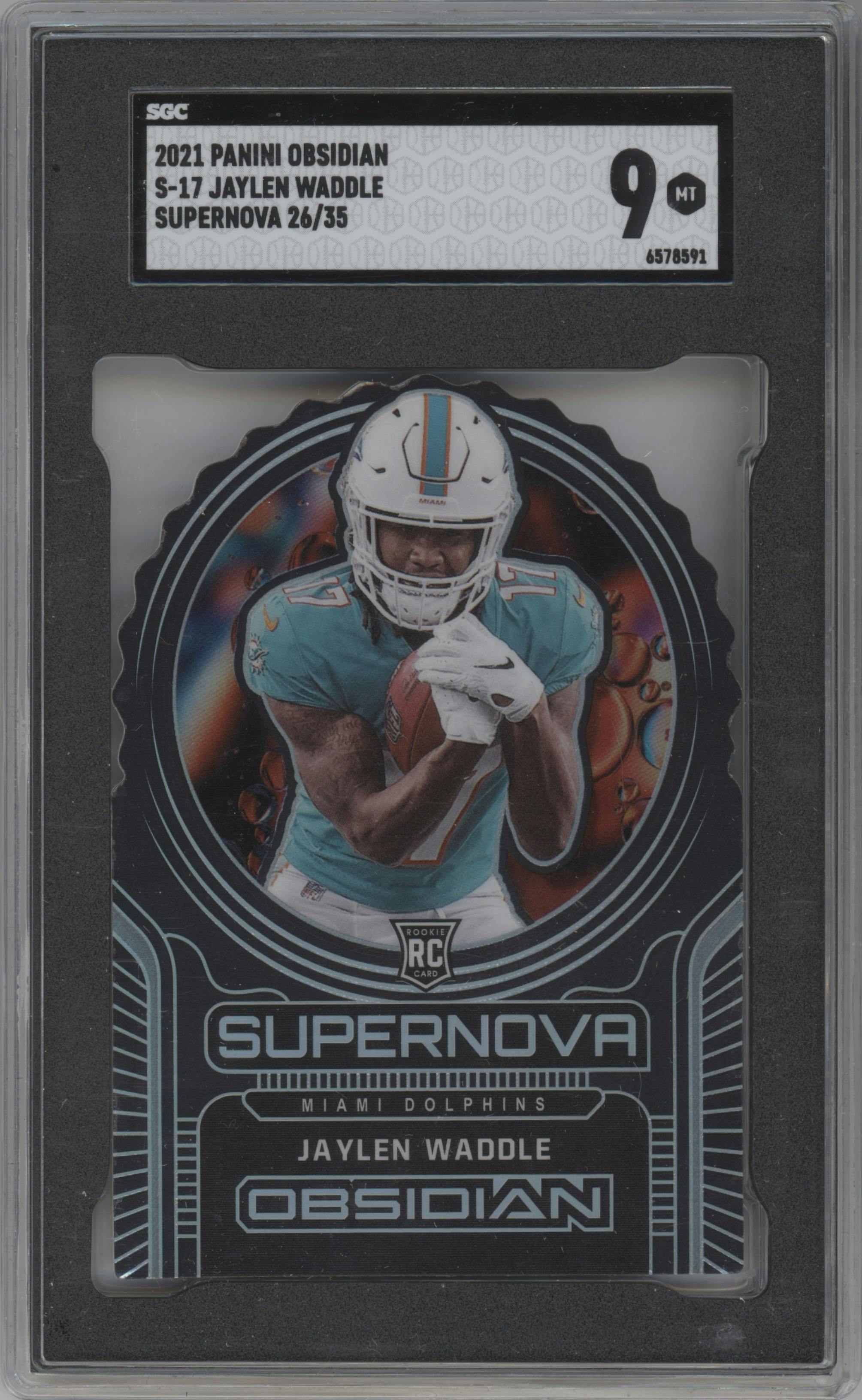 Jaylen Waddle from the 2021 Panini Obsidian set graded by SGC and given an overall grade of 9.
