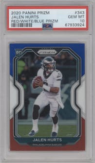 Jalen Hurts from the 2020 Panini Prizm set featuring a Red/White/Blue Prizm parallel graded by PSA and given an overall grade of 10.