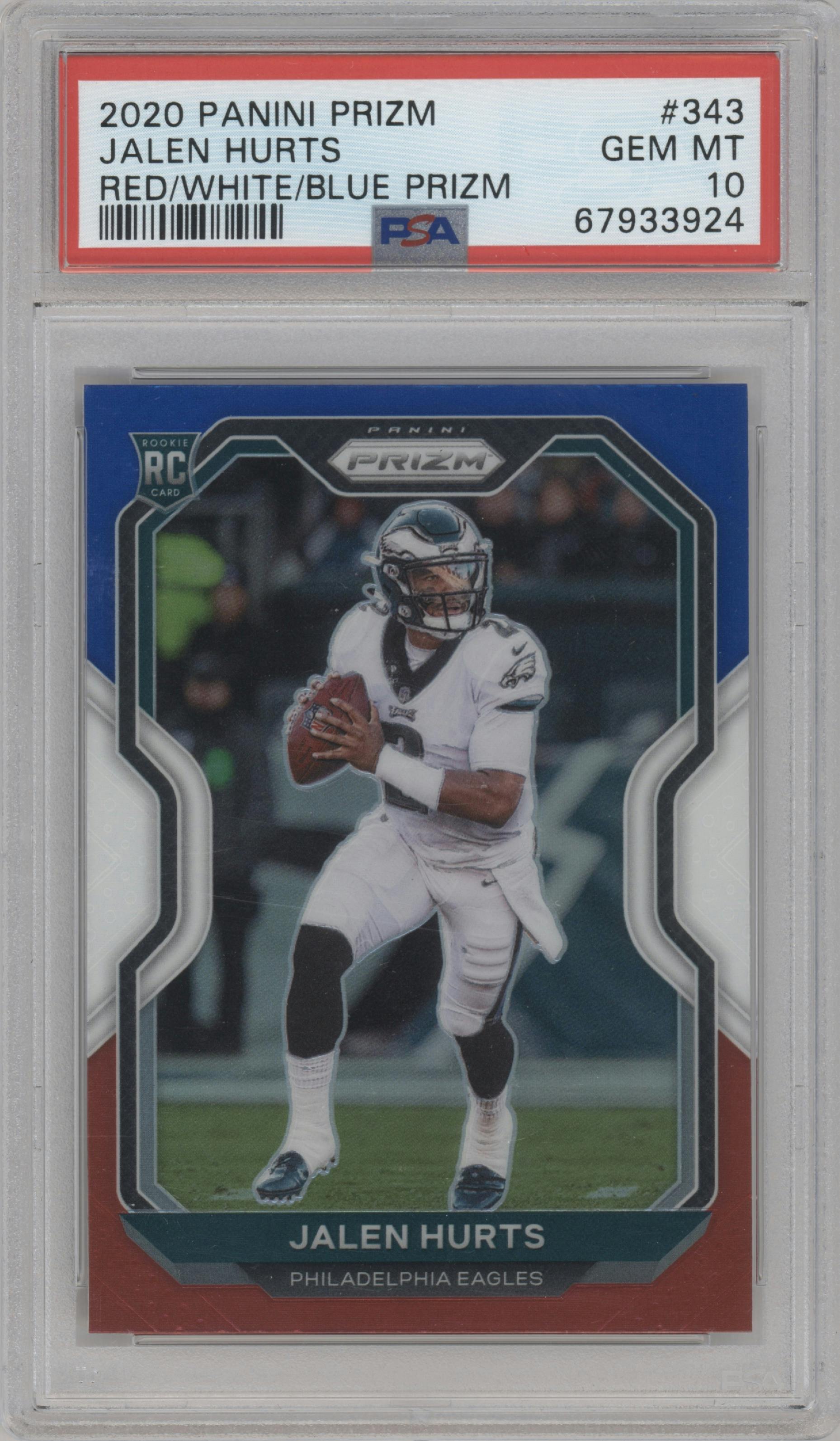 Jalen Hurts from the 2020 Panini Prizm set featuring a Red/White/Blue Prizm parallel graded by PSA and given an overall grade of 10.