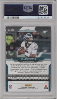 Jalen Hurts from the 2020 Panini Prizm set featuring a Red/White/Blue Prizm parallel graded by PSA and given an overall grade of 10.