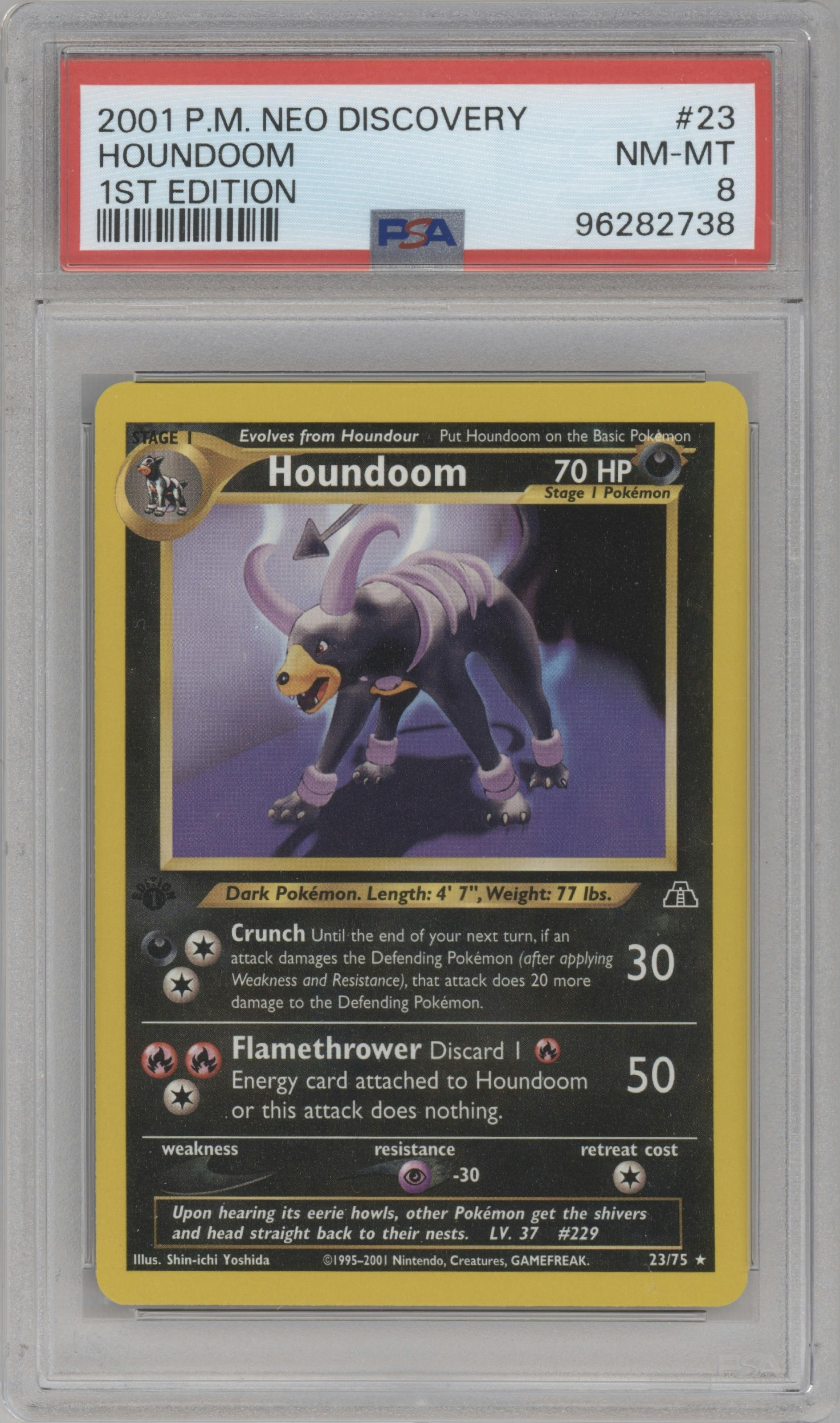 Houndoom from the 2001 Pokemon Neo Genesis set graded by PSA and given an overall grade of 8.