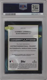 Corbin Carroll from the 2023 Topps Cosmic Chrome set featuring a Orange Galactic Refractor parallel graded by PSA and given an overall grade of 10.