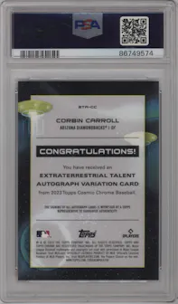 Corbin Carroll from the 2023 Topps Cosmic Chrome set featuring a Orange Galactic Refractor parallel graded by PSA and given an overall grade of 10.