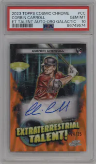 Corbin Carroll from the 2023 Topps Cosmic Chrome set featuring a Orange Galactic Refractor parallel graded by PSA and given an overall grade of 10.