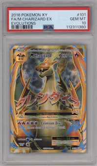 M Charizard EX from the 2016 Pokemon XY set graded by PSA and given an overall grade of 10.