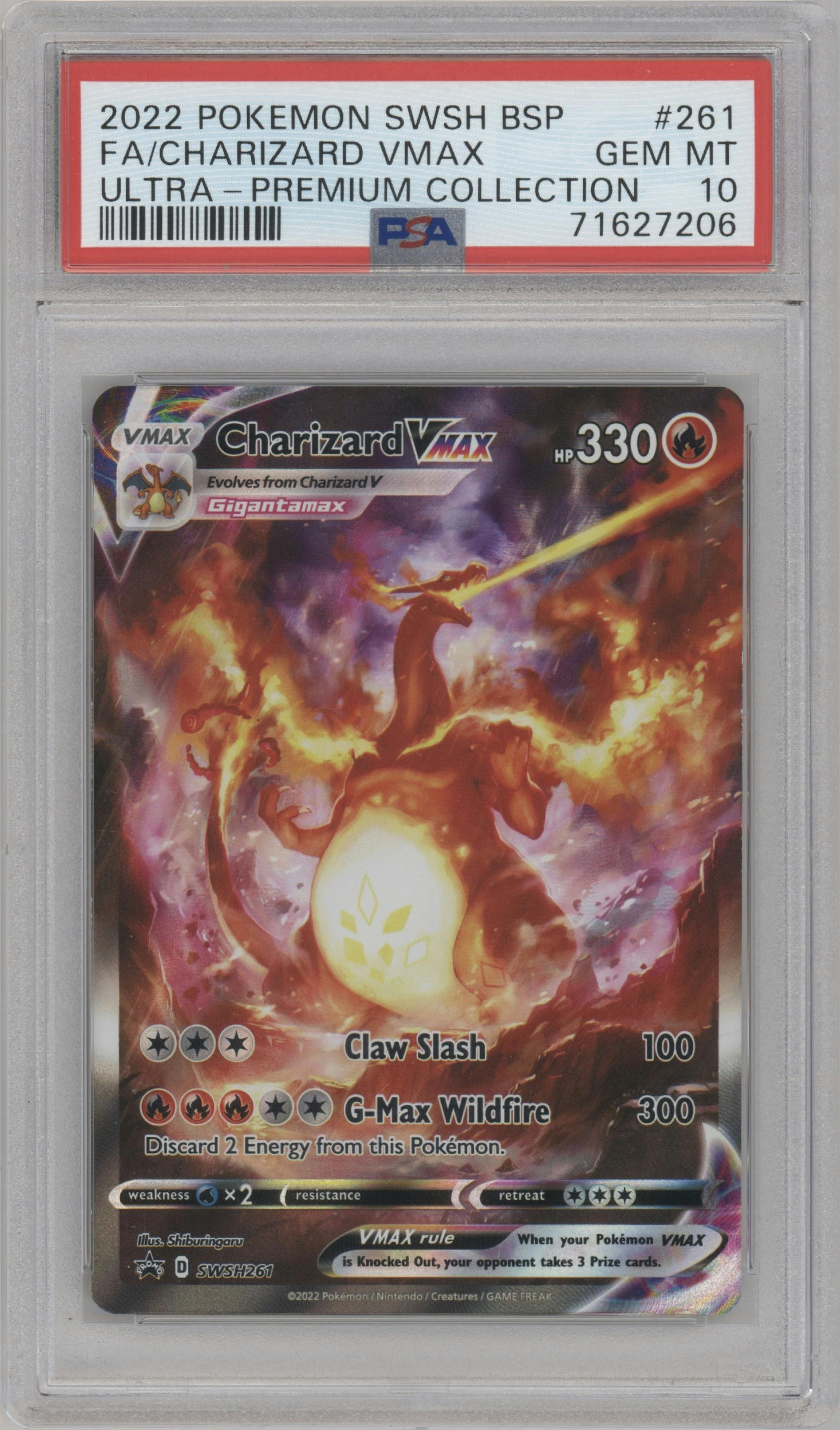 Charizard VMAX  from the 2022 Pokemon SWSH set featuring a Ultra Premium Collection parallel graded by PSA and given an overall grade of 10.
