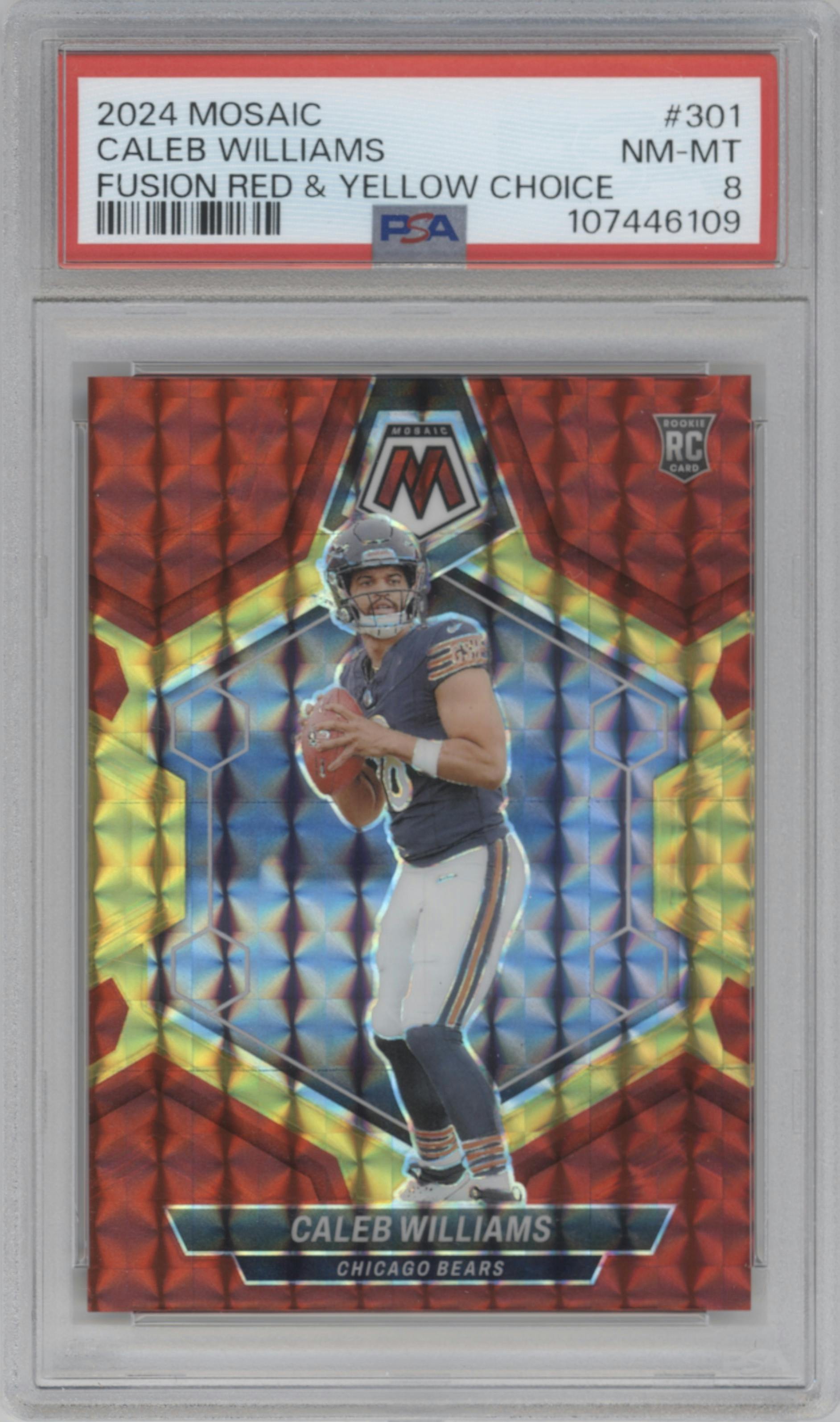 Caleb Williams from the 2024 Panini Mosaic set featuring a Choice Red/Yellow Fusion parallel graded by PSA and given an overall grade of 8.
