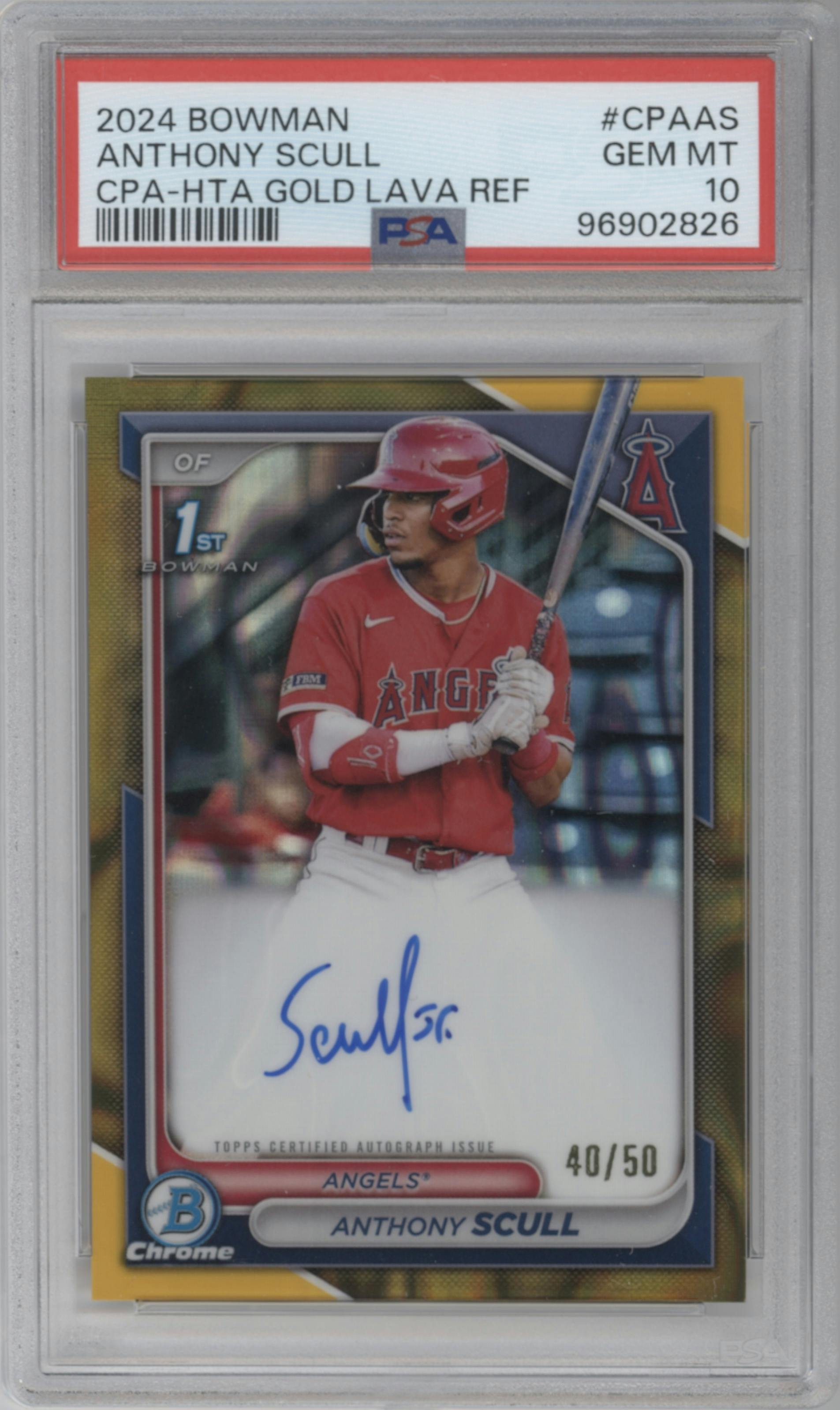 Anthony Scull from the 2024 Bowman set featuring a HTA Gold Lava Refractor parallel graded by PSA and given an overall grade of 10.
