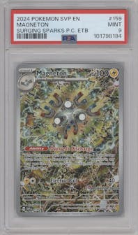 Magneton from the 2024 Pokemon SV set featuring a Surging Sparks Pokemon Center Elite Trainer boxes parallel graded by PSA and given an overall grade of 9.