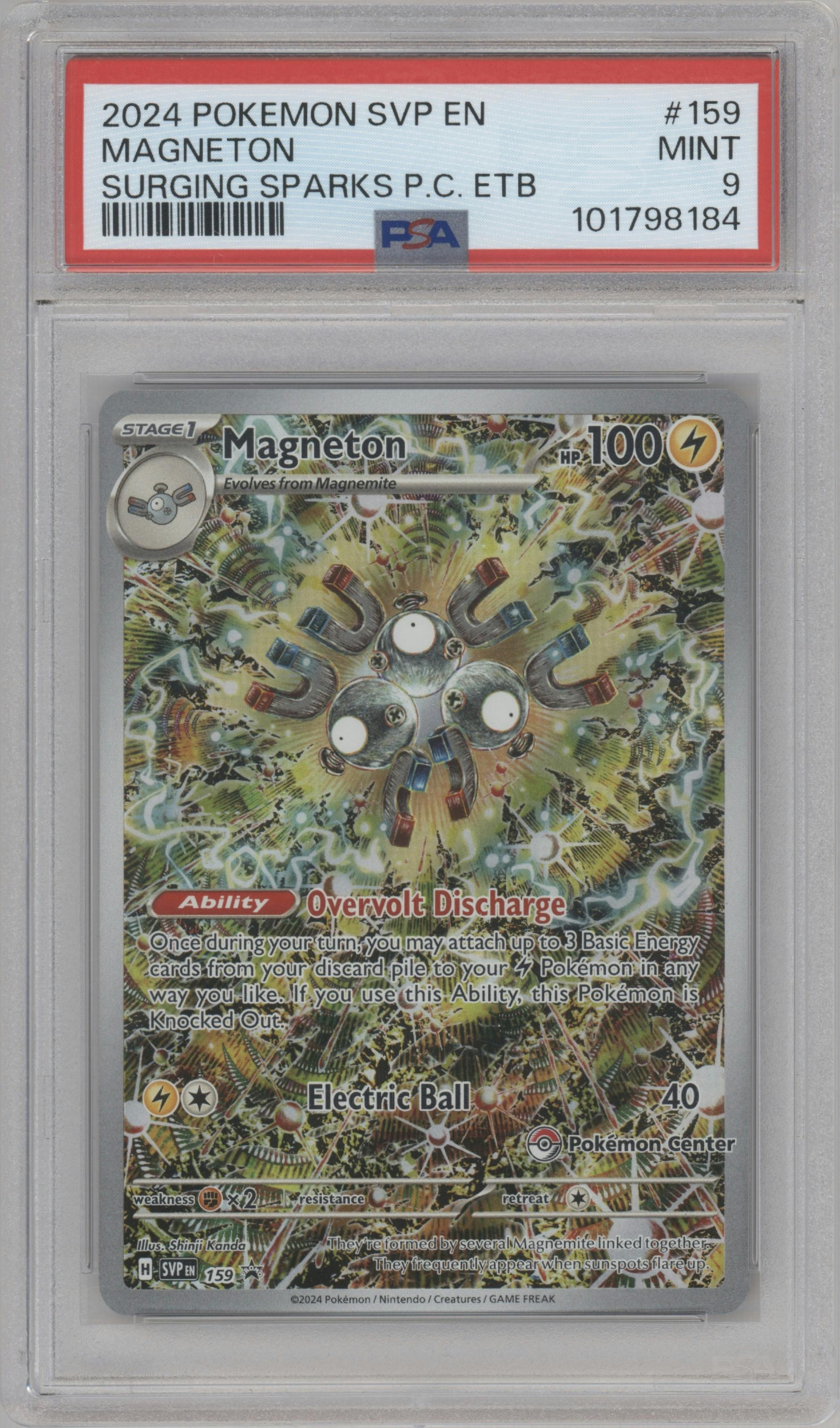 Magneton from the 2024 Pokemon SV set featuring a Surging Sparks Pokemon Center Elite Trainer boxes parallel graded by PSA and given an overall grade of 9.
