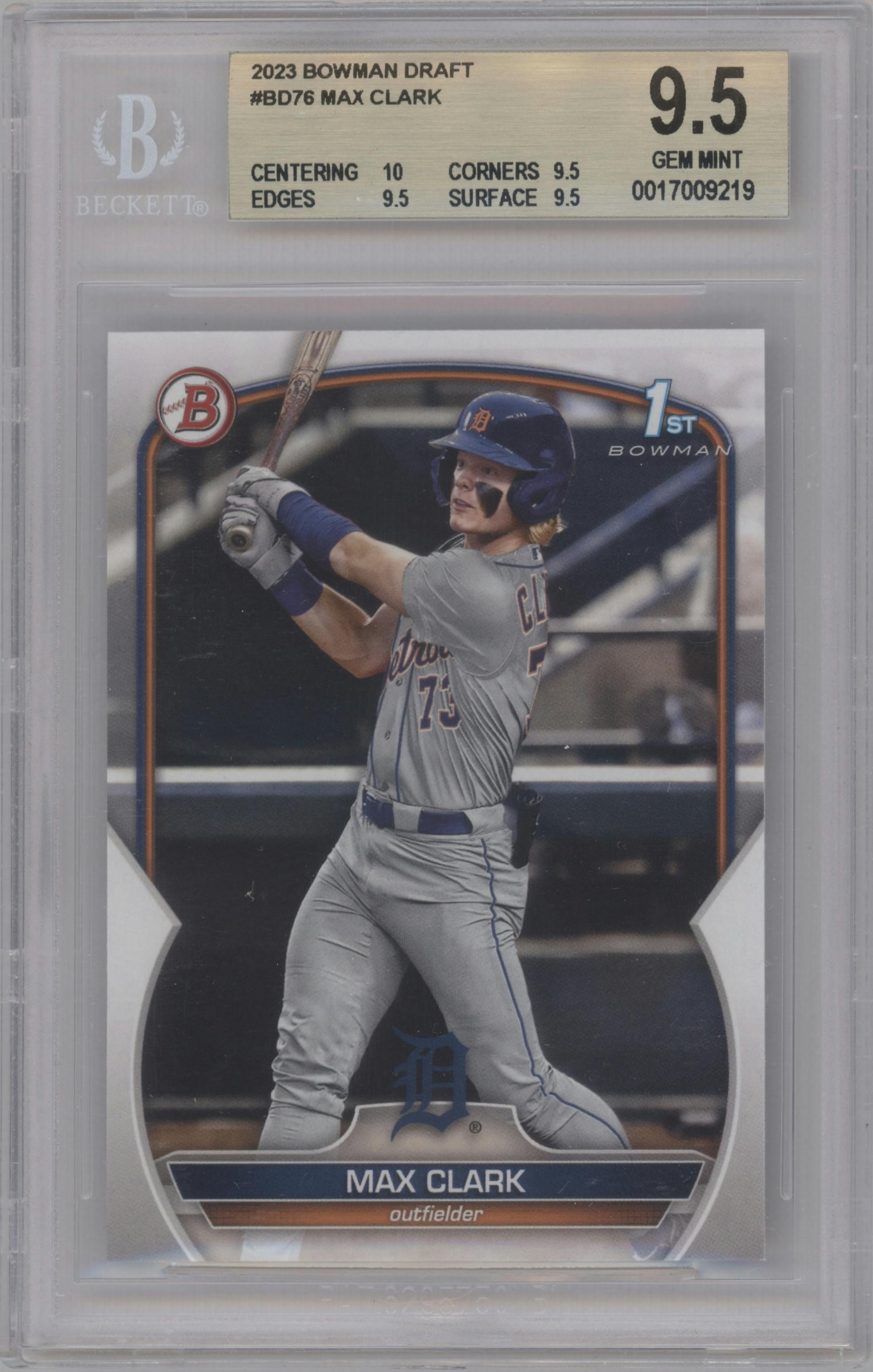 Max Clark from the 2023 Bowman Draft set graded by Beckett and given an overall grade of 9.5.