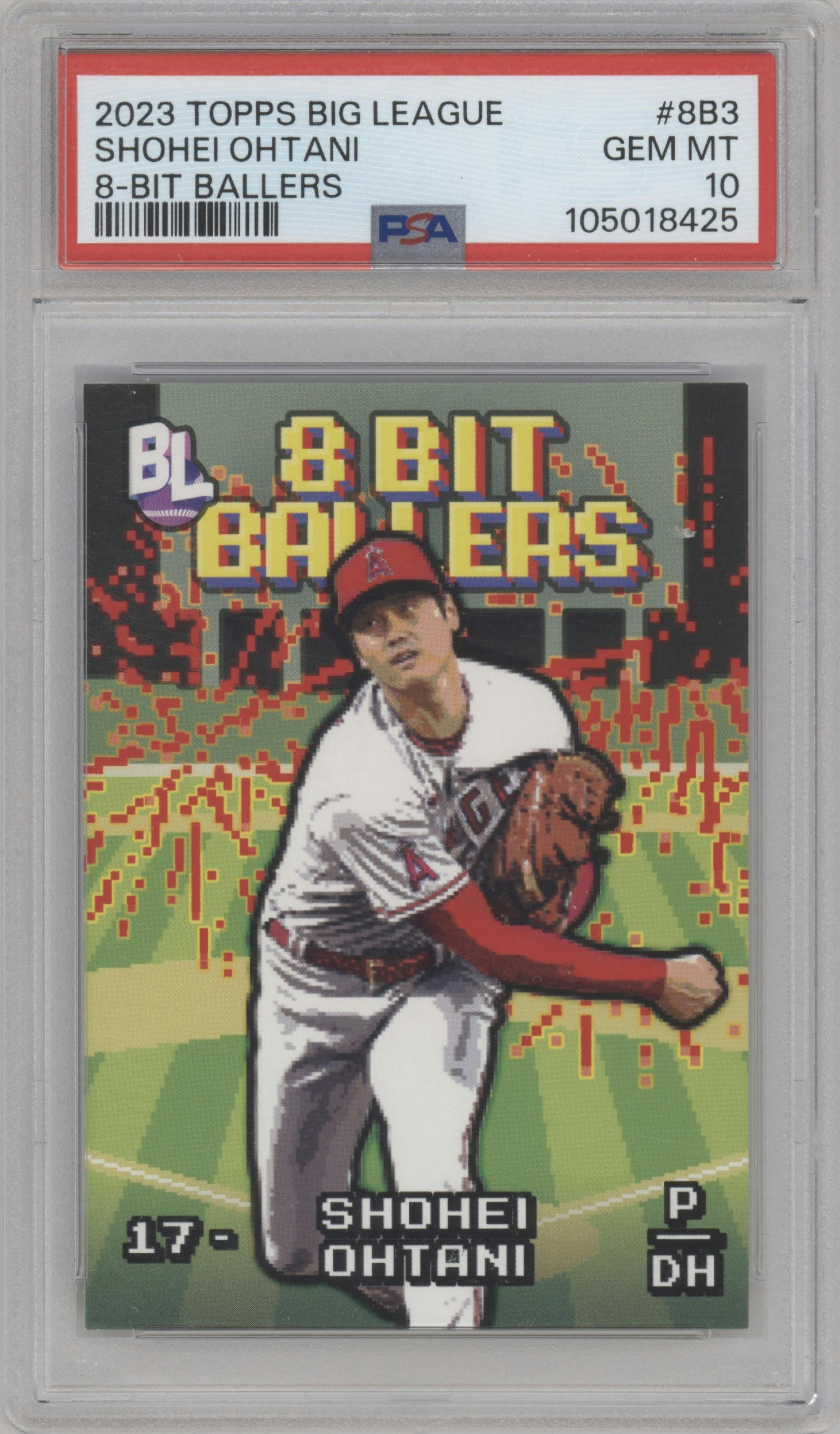 Shohei Ohtani from the 2023 Topps Big League set graded by PSA and given an overall grade of 10.
