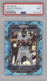 Lamar Jackson from the 2022 Panini Prizm set featuring a Blue Ice parallel graded by PSA and given an overall grade of 9.