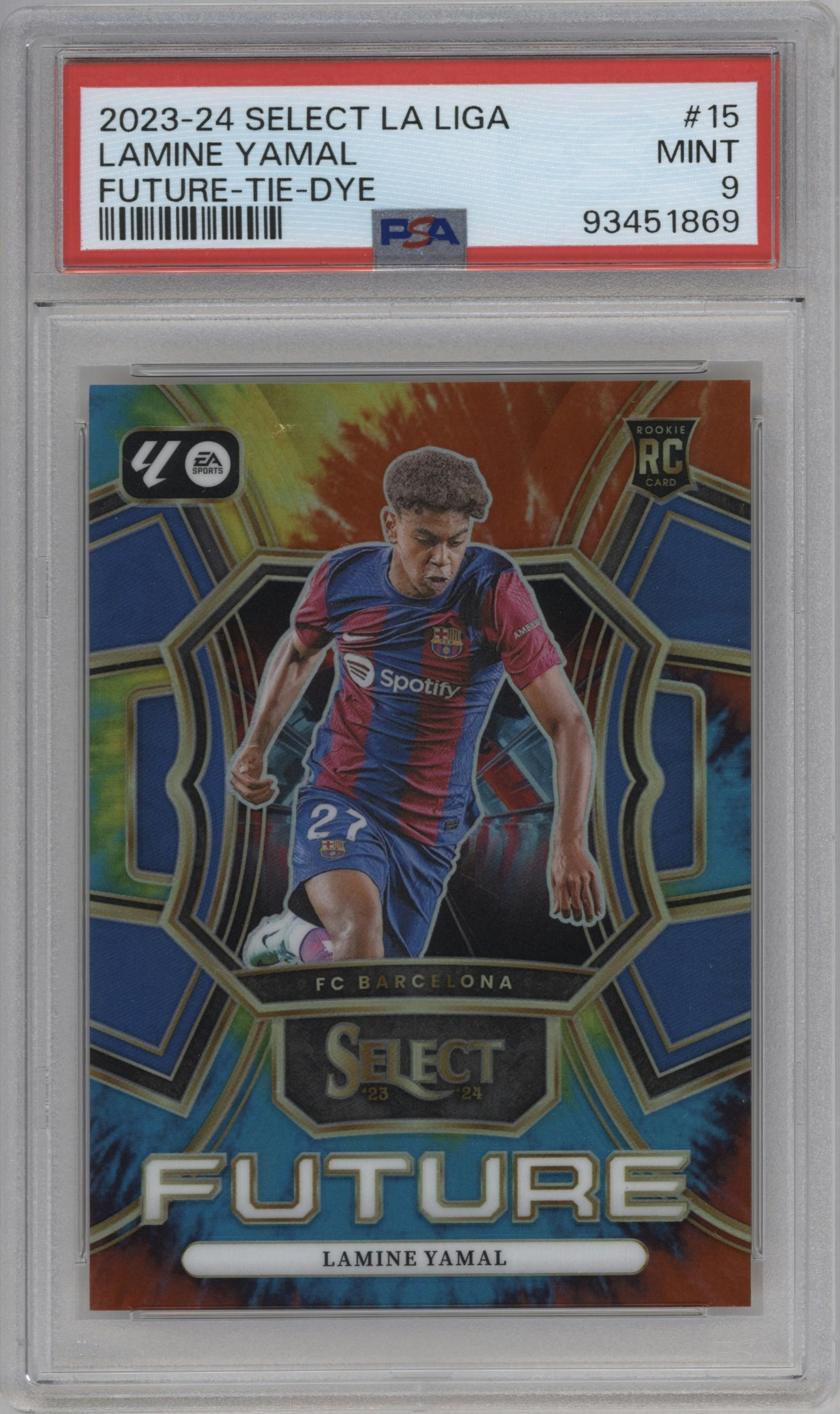 Lamine Yamal from the 2023-24 Panini Select La Liga set featuring a Tie-Dye parallel graded by PSA and given an overall grade of 9.