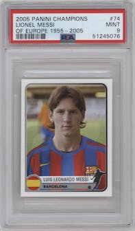 Luis Leonardo Messi from the 2005 Panini Champions of Europe 1955-2005 set graded by PSA and given an overall grade of 9.