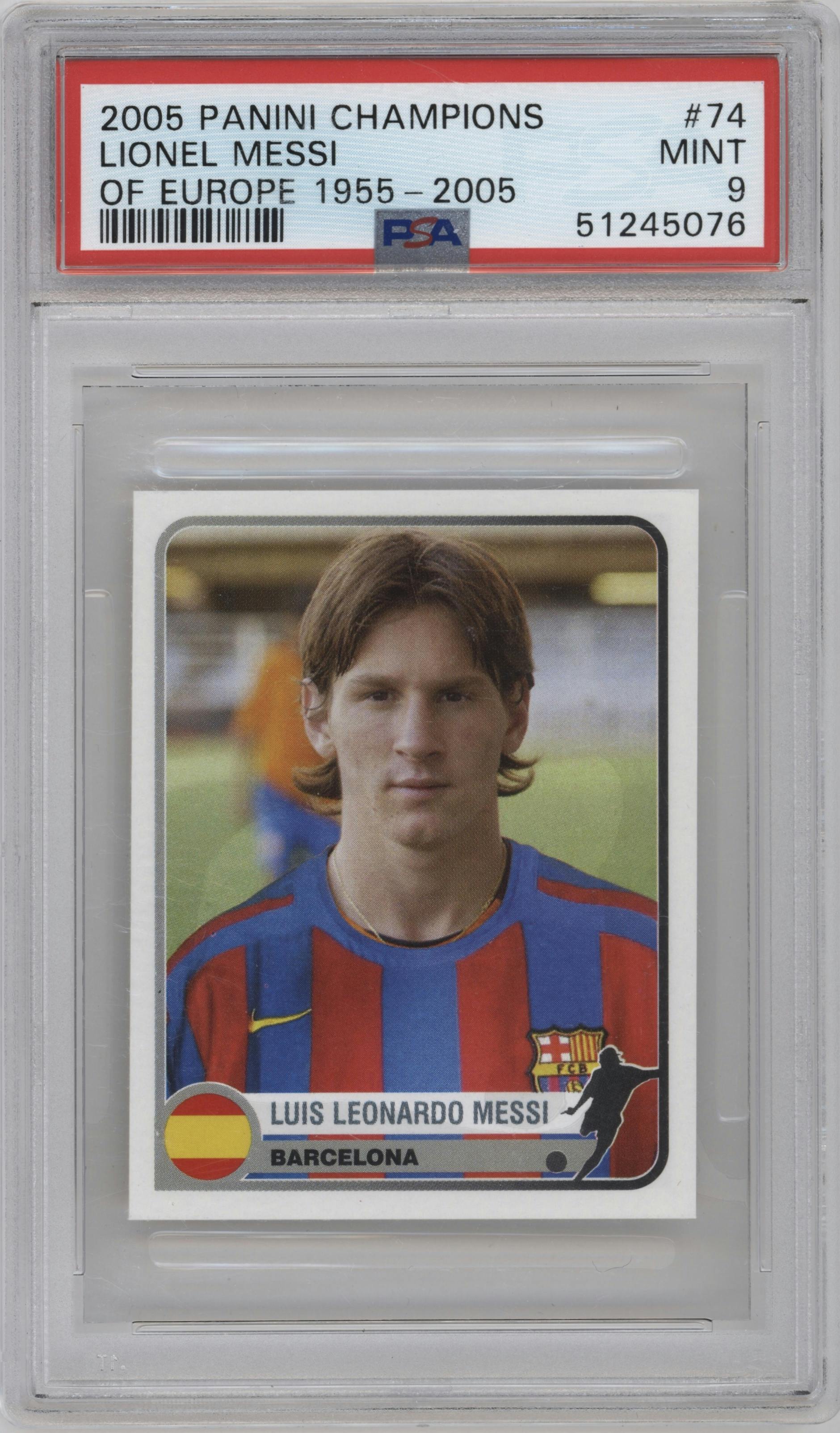 Luis Leonardo Messi from the 2005 Panini Champions of Europe 1955-2005 set graded by PSA and given an overall grade of 9.