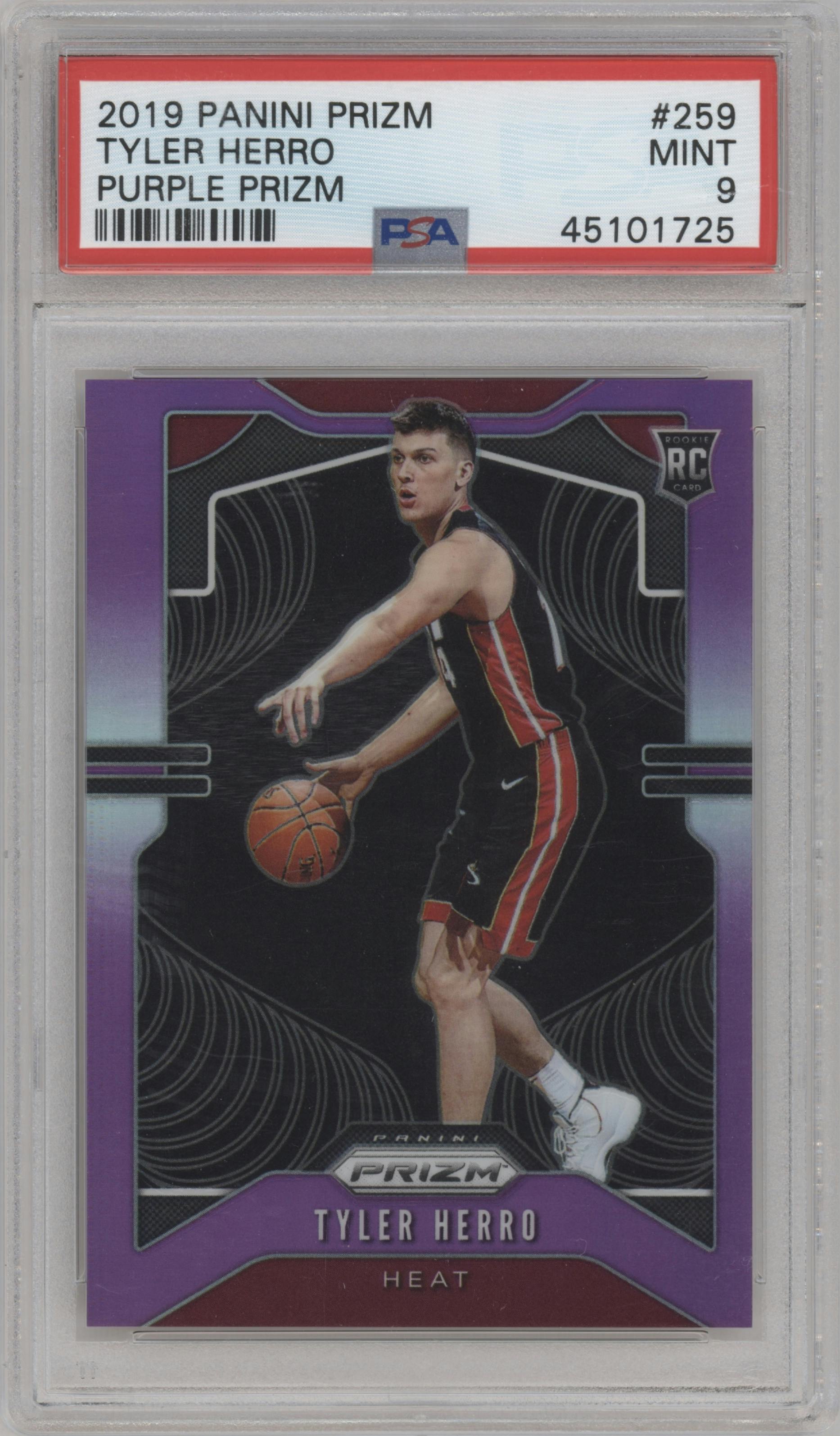 Tyler Herro from the 2019-20 Panini Prizm set featuring a Purple Prizm parallel graded by PSA and given an overall grade of 9.