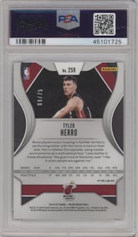Tyler Herro from the 2019-20 Panini Prizm set featuring a Purple Prizm parallel graded by PSA and given an overall grade of 9.