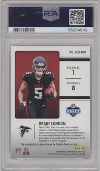 Drake London from the 2022 Panini Contenders set graded by PSA and given an overall grade of 9.