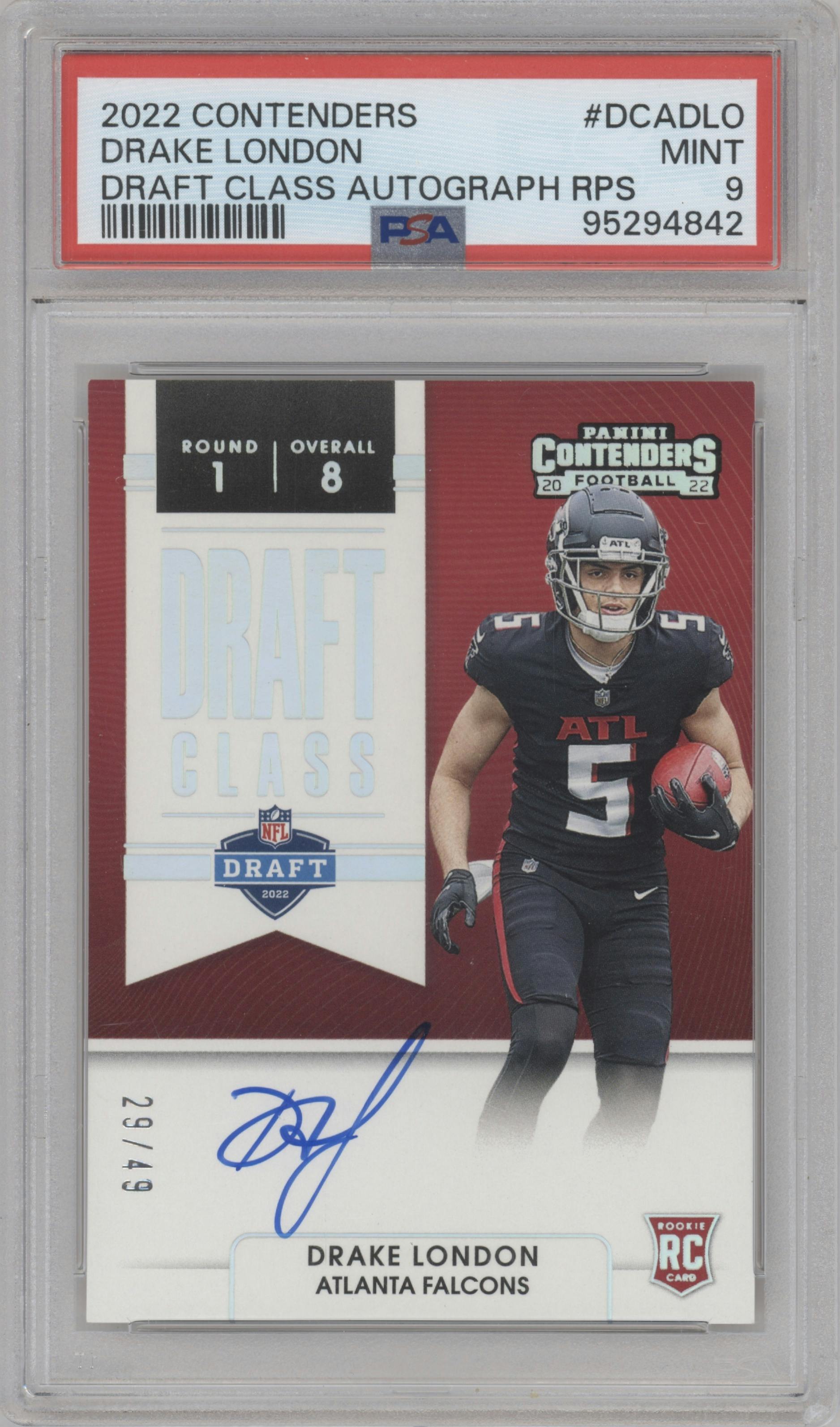 Drake London from the 2022 Panini Contenders set graded by PSA and given an overall grade of 9.