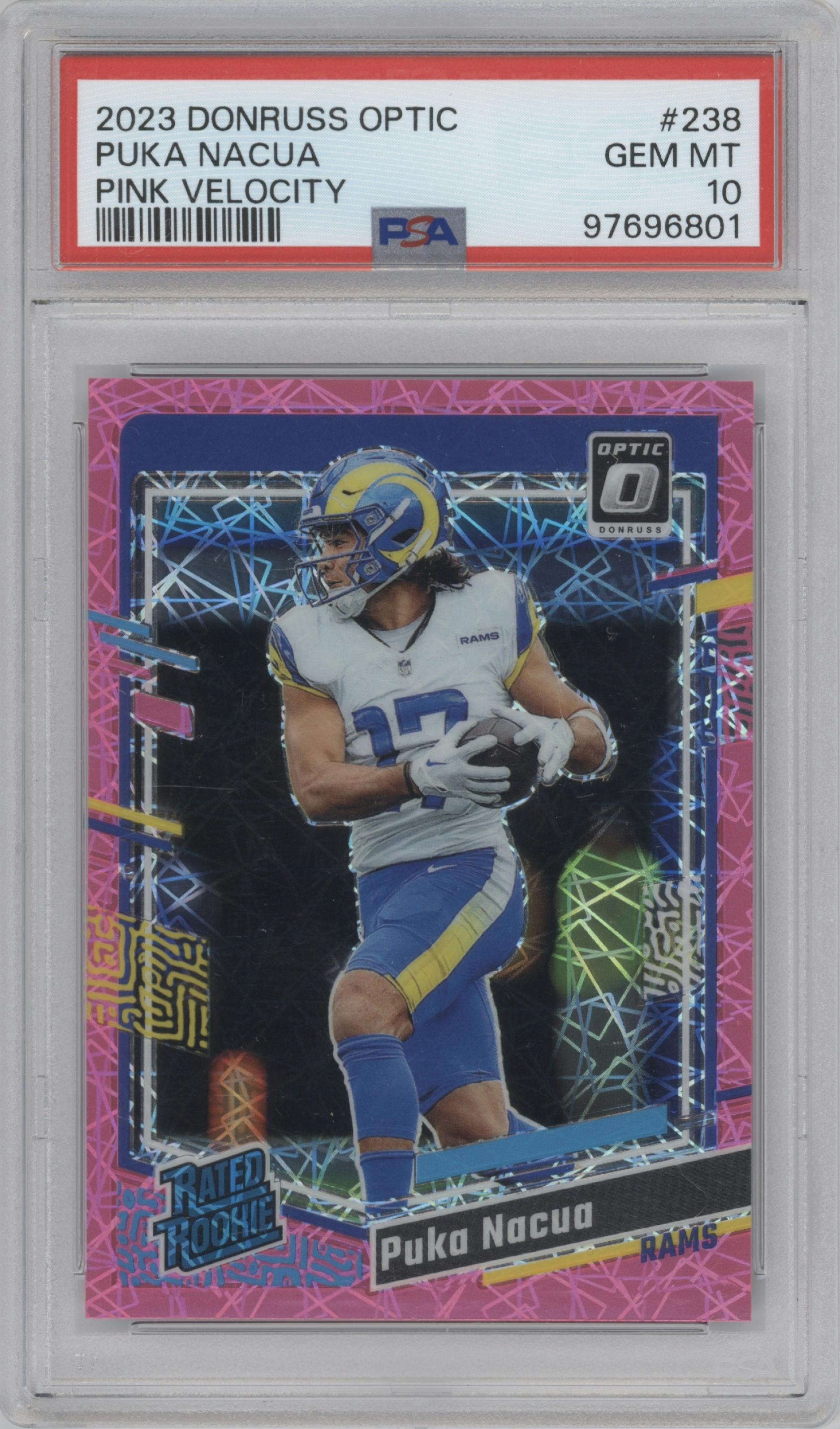 Puka Nacua from the 2023 Donruss Optic set featuring a Pink Velocity parallel graded by PSA and given an overall grade of 10.