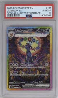 Umbreon ex from the 2025 Pokemon SV set graded by PSA and given an overall grade of 10.