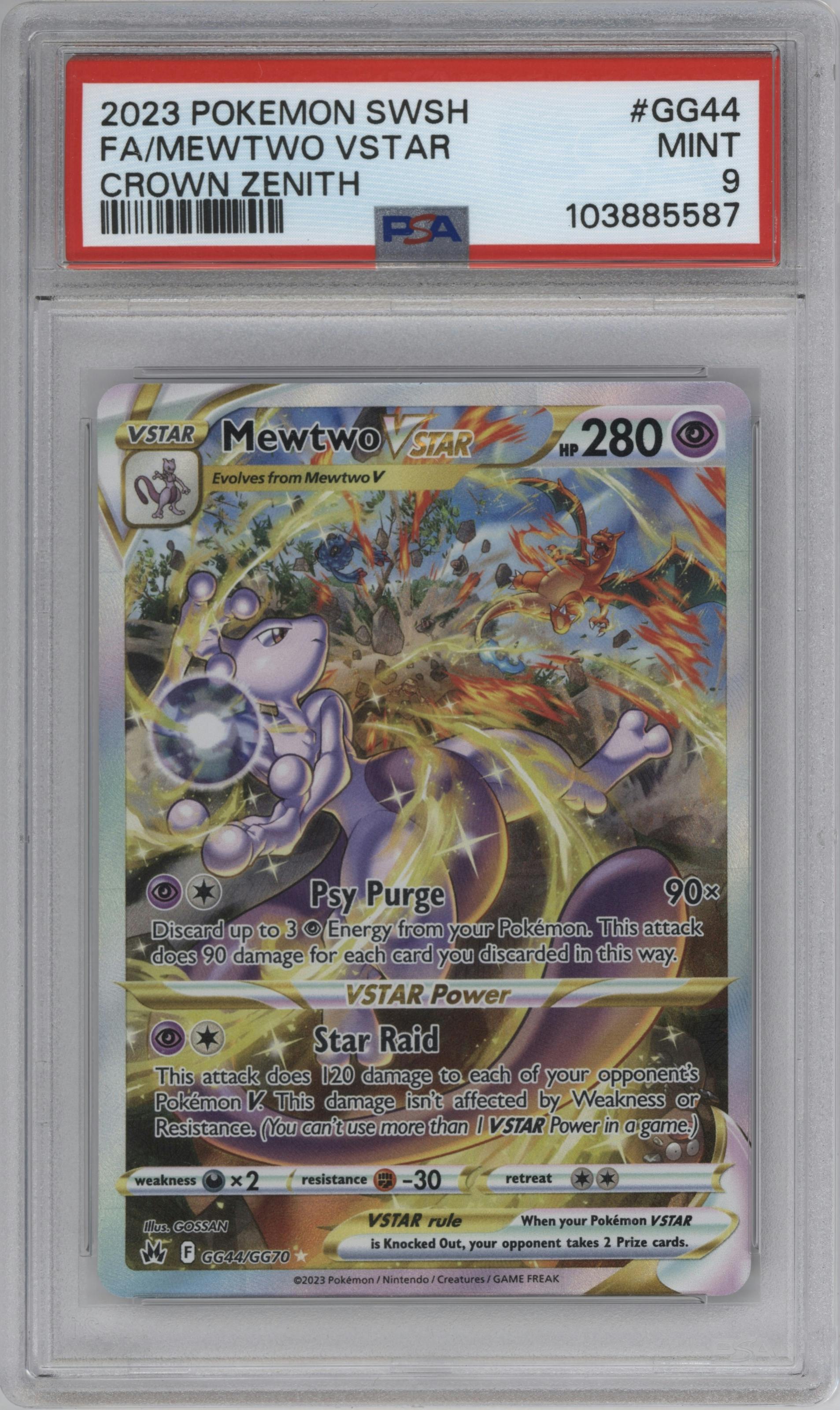 Mewtwo VSTAR from the 2023 Pokemon SWSH set graded by PSA and given an overall grade of 9.