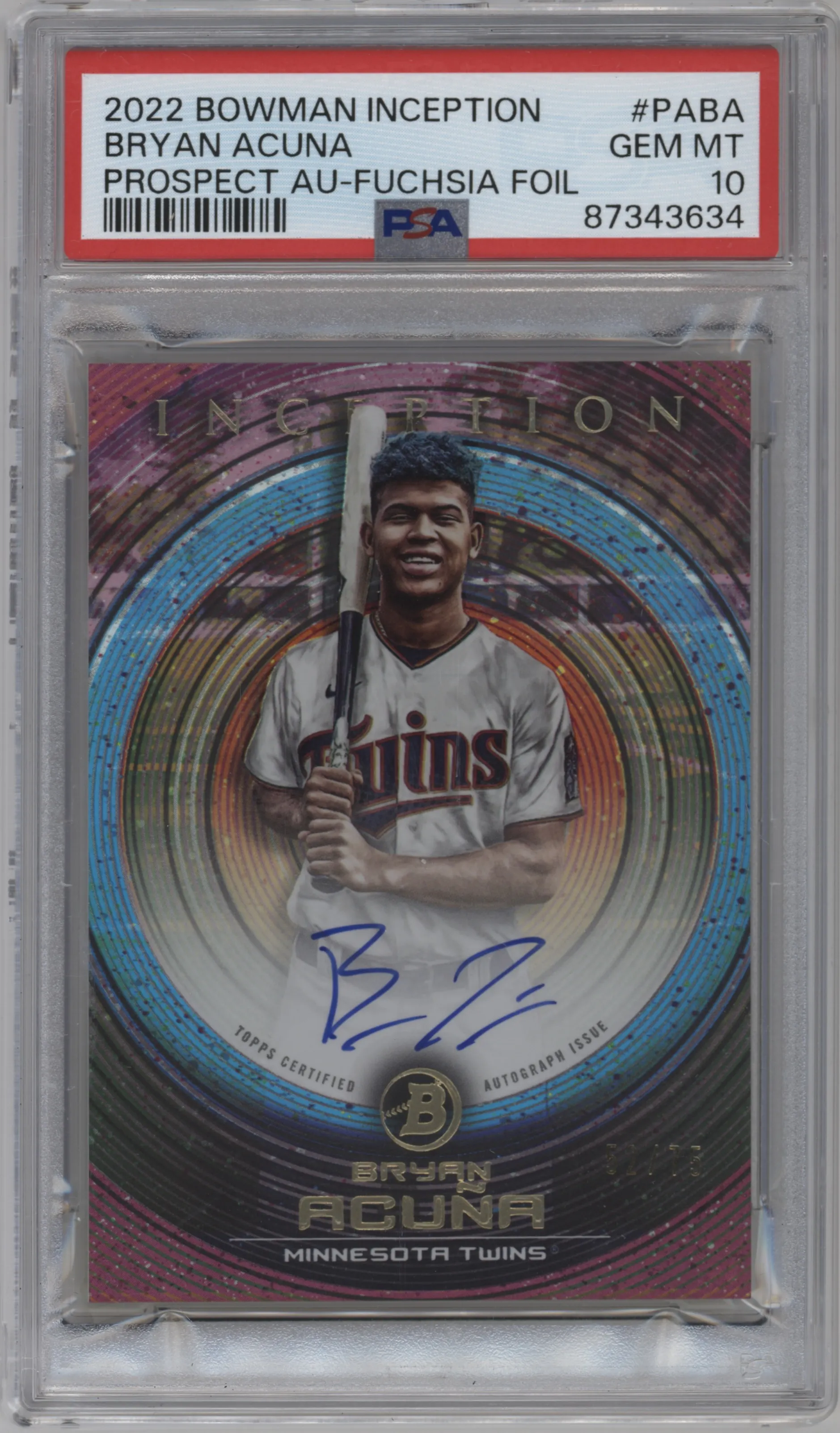 2022 Bowman Inception Pros.Auto Bryan Acuna Fuchsia PSA 10