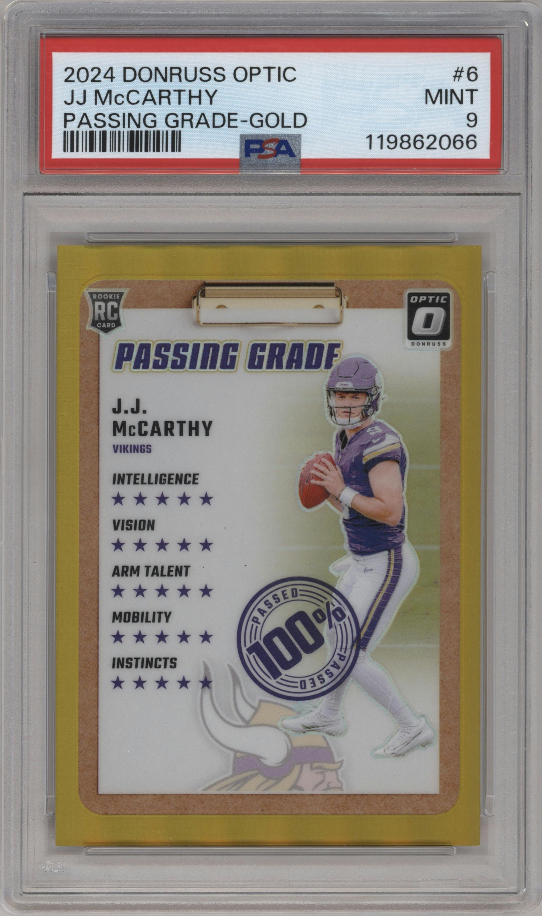 J.J. McCarthy from the 2024 Donruss Optic set featuring a Gold parallel graded by PSA and given an overall grade of 9.
