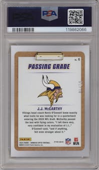 J.J. McCarthy from the 2024 Donruss Optic set featuring a Gold parallel graded by PSA and given an overall grade of 9.