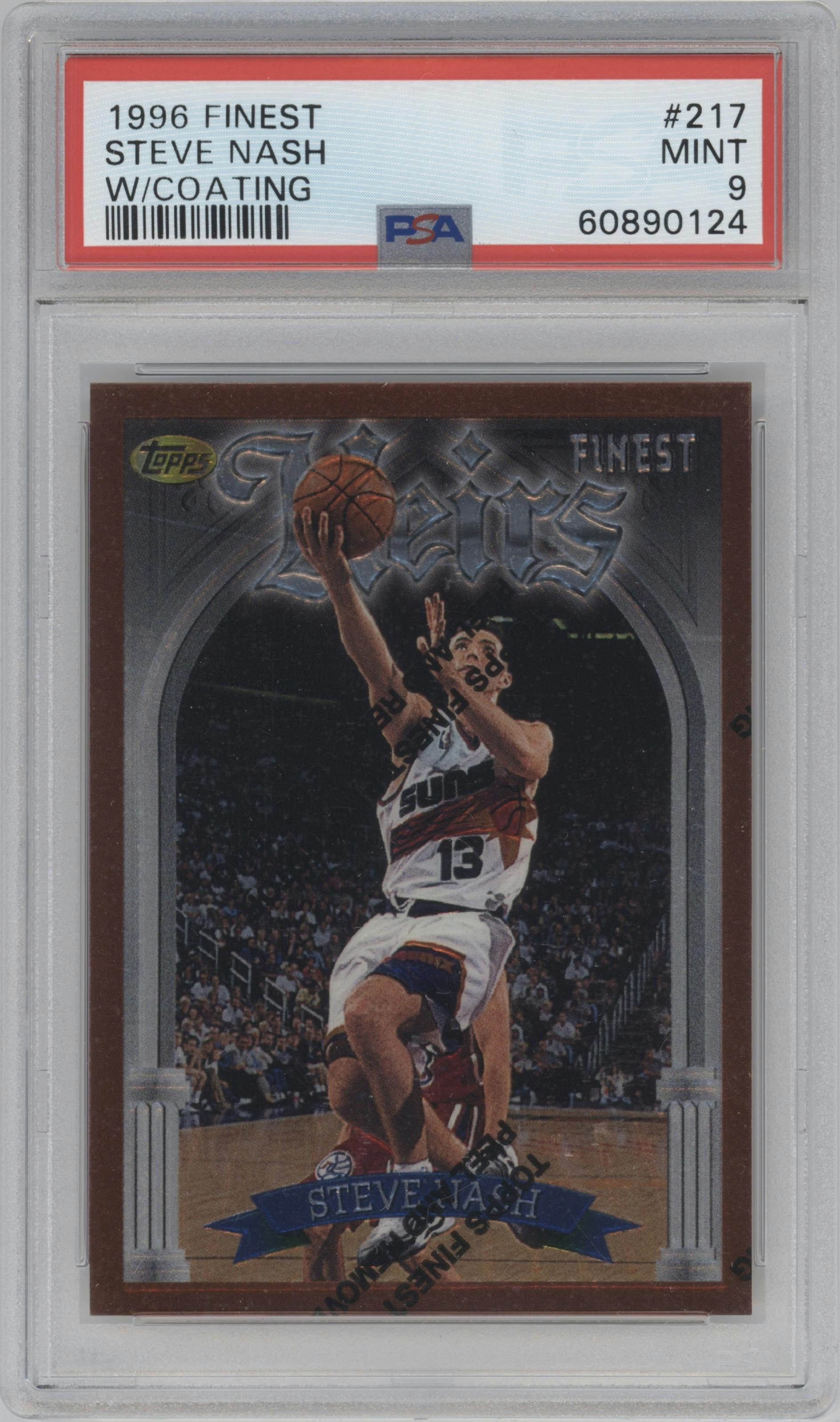 Steve Nash from the 1996-97 Topps Finest set featuring a W/ Coating parallel graded by PSA and given an overall grade of 9.