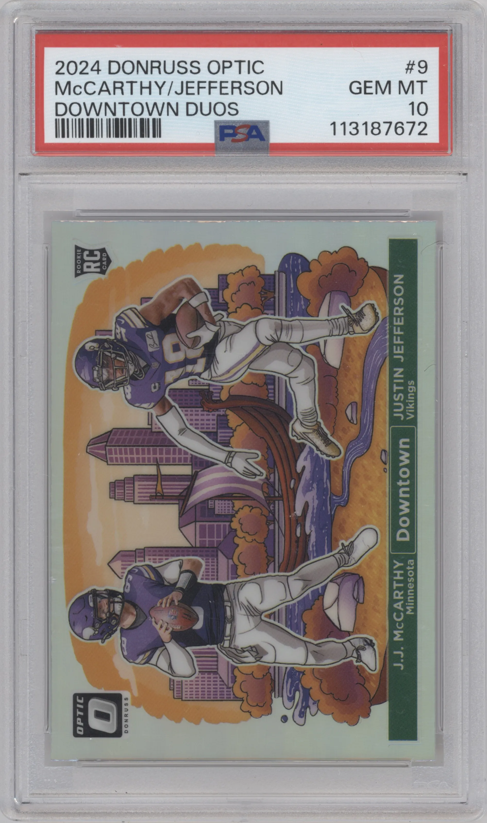 J.J. McCarthy/Justin Jefferson from the 2024 Donruss Optic set graded by PSA and given an overall grade of 10.