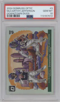 J.J. McCarthy/Justin Jefferson from the 2024 Donruss Optic set graded by PSA and given an overall grade of 10.