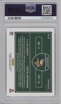 J.J. McCarthy/Justin Jefferson from the 2024 Donruss Optic set graded by PSA and given an overall grade of 10.