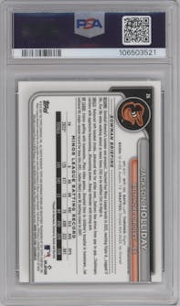 Jackson Holliday from the 2024 Bowman Chrome Sapphire set featuring a Red parallel graded by PSA and given an overall grade of 10.