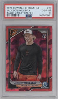 Jackson Holliday from the 2024 Bowman Chrome Sapphire set featuring a Red parallel graded by PSA and given an overall grade of 10.