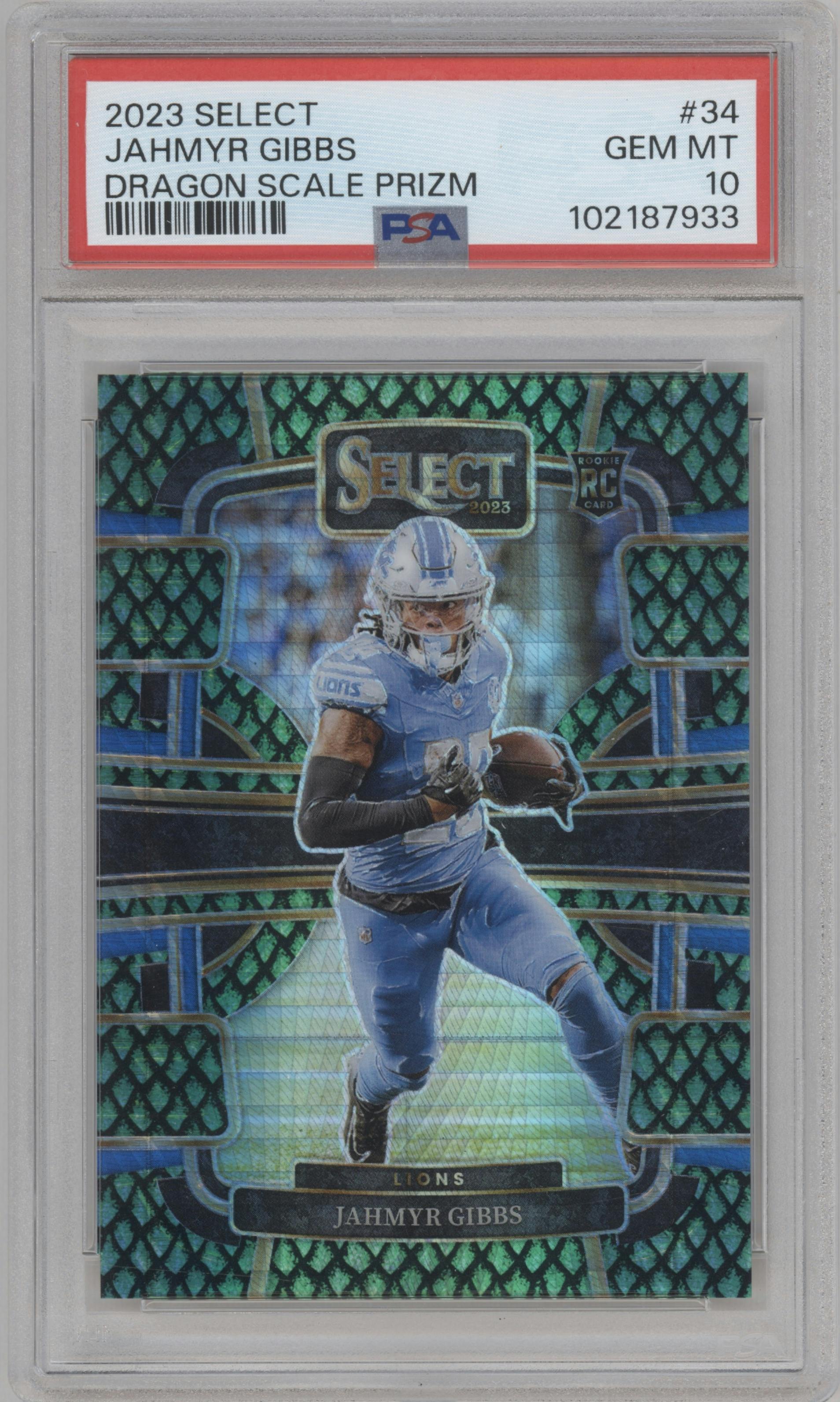 Jahmyr Gibbs from the 2023 Panini Select set featuring a Dragon Scale parallel graded by PSA and given an overall grade of 10.