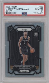 Victor Wembanyama from the 2023-24 Panini Prizm set featuring a Silver Prizm  parallel graded by PSA and given an overall grade of 10.