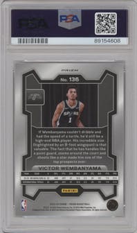 Victor Wembanyama from the 2023-24 Panini Prizm set featuring a Silver Prizm  parallel graded by PSA and given an overall grade of 10.
